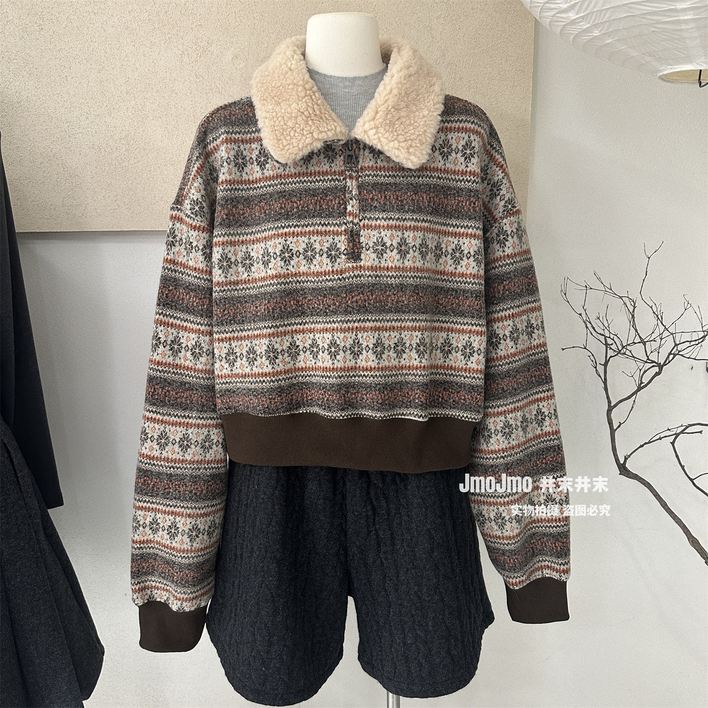 复古羊羔毛领子费尔岛卫衣冬季新品别致小众休闲上衣简约韩系内搭,女装/女士精品,卫衣/绒衫,淘宝优惠券,粉丝福利购,淘宝优惠卷