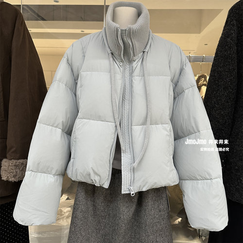 领口针织拼接系带90白鸭绒羽绒服