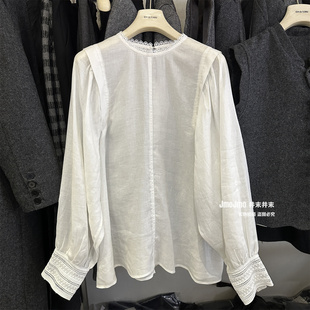 精致蕾丝拼接天丝亚麻灯笼袖白色衬衫宽松百搭韩系上衣叠穿内搭