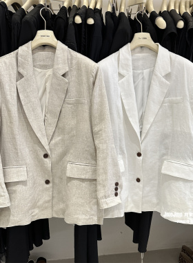 老钱风亚麻西装外套女春季新品宽松大版一手长白色西服韩系上衣