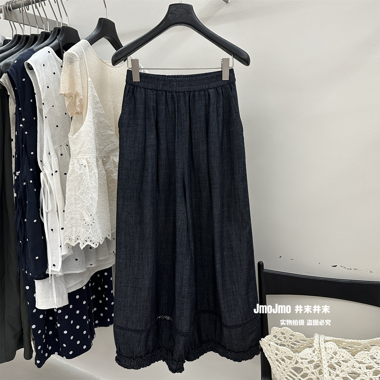 夏季新款高腰蕾丝拼接灯笼裤女宽松显瘦九分牛仔裤松紧腰花苞裤子