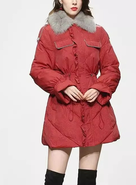 冬季新款女装时尚红色中长款白鸭绒羽绒服毛领加厚收腰潮