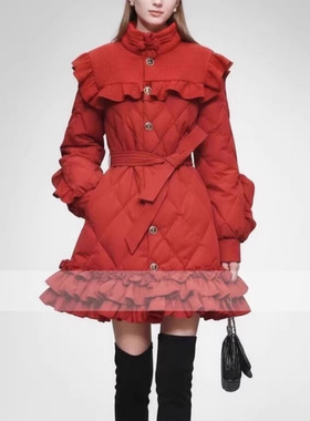 冬季新款气质国风设计感荷叶系带千金风白鸭绒保暖羽绒服女