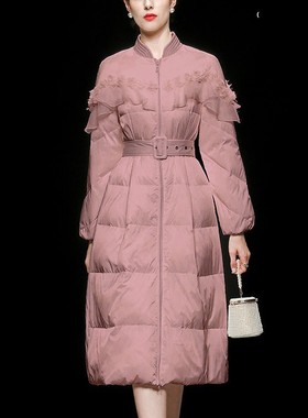新款女装中长款过膝羽绒服粉色收腰显瘦保暖立领白鸭绒防寒羽绒服