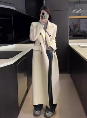 白色正肩双面羊绒大衣女装秋冬款气质过膝长款西装羊毛呢子大衣外