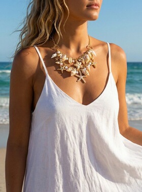 欧美波西米亚海星贝壳项链跨境个性海边度假风夸张多层串珠锁骨链