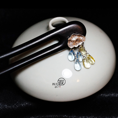 听雨  ▏黑檀木双簪u型簪儿童盘发云朵雨滴小清新可爱流苏丸子头