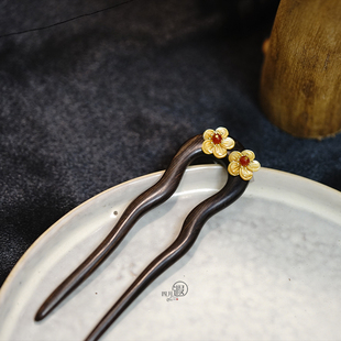 圆梅 深海黄蝶贝紫光檀木双面波浪发簪短款高级感简约日常13cm