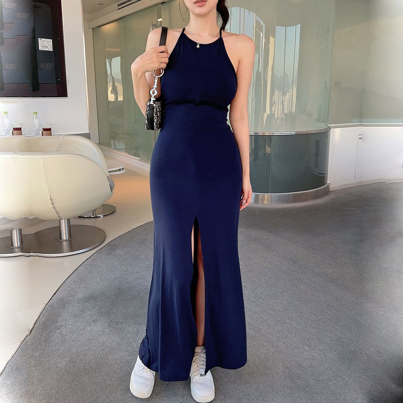性感挂脖开叉背心连衣裙女2025新款夏修身包臀吊带露背连身长裙子