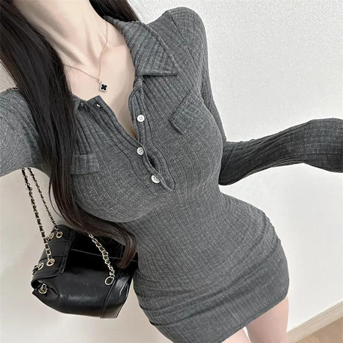 气质修身长袖连衣裙女装2026新款春秋POLO翻领紧身性感包臀连身裙