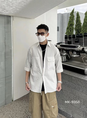 日系口袋条纹短袖衬衫型男式夏季新款宽松天丝坑条衬衣青少年