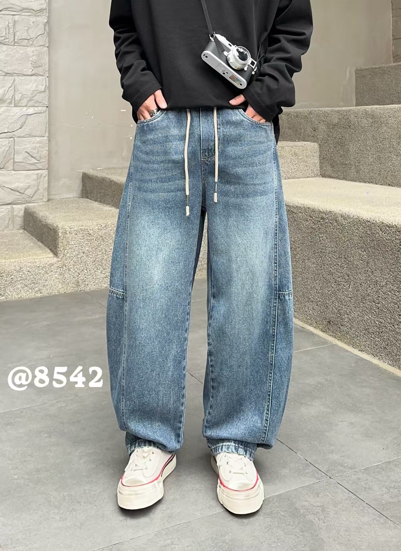 美式复古水洗直筒牛仔裤男春秋蓝色抽绳松紧腰弯刀裤拼接休闲裤潮