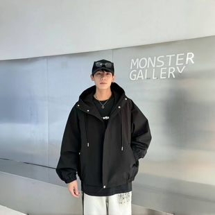 宽松美式冲锋衣外套男秋季防风工装夹克连帽潮牌港新品加棉衣