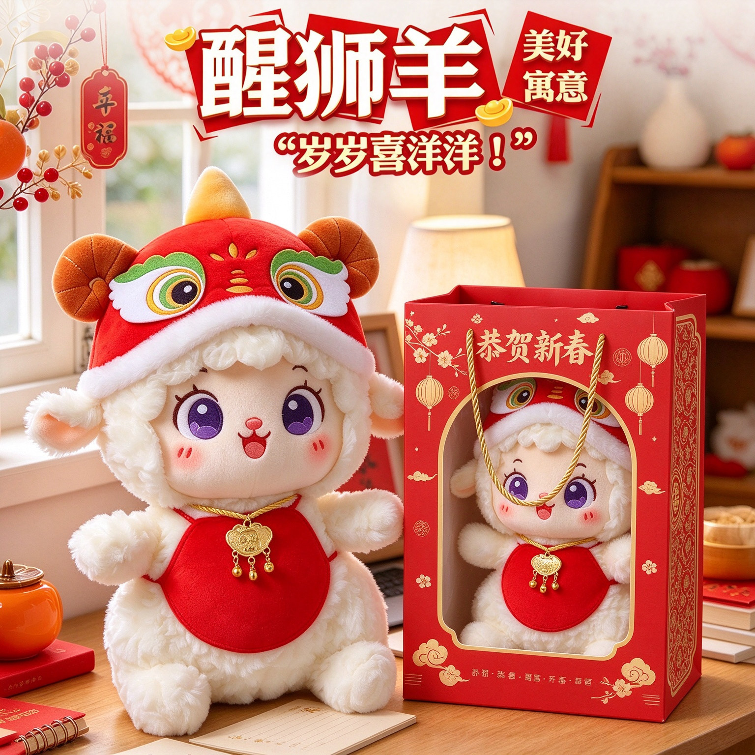 2027羊年吉祥物公仔毛绒玩具醒狮羊羊玩偶新年喜庆娃娃活动定logo