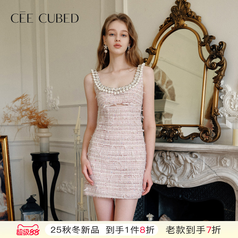 CEECUBED浅粉花纱无袖连衣裙