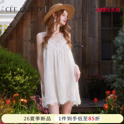 ELLIGIOI米白色绣花V领花边刺绣娃娃短裙A版连衣裙女2026夏季新款
