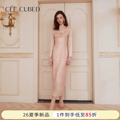 CEECUBED烫钻欧根纱长袖礼服裙