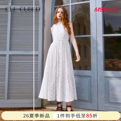 ELLIGIOI彩色波点印花无袖木耳领长款系带收腰连衣裙女26夏季新款