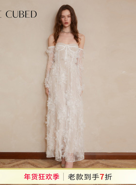 CEE CUBED白色蕾丝立体花朵长袖一字肩抹胸长裙连衣裙25早秋新款