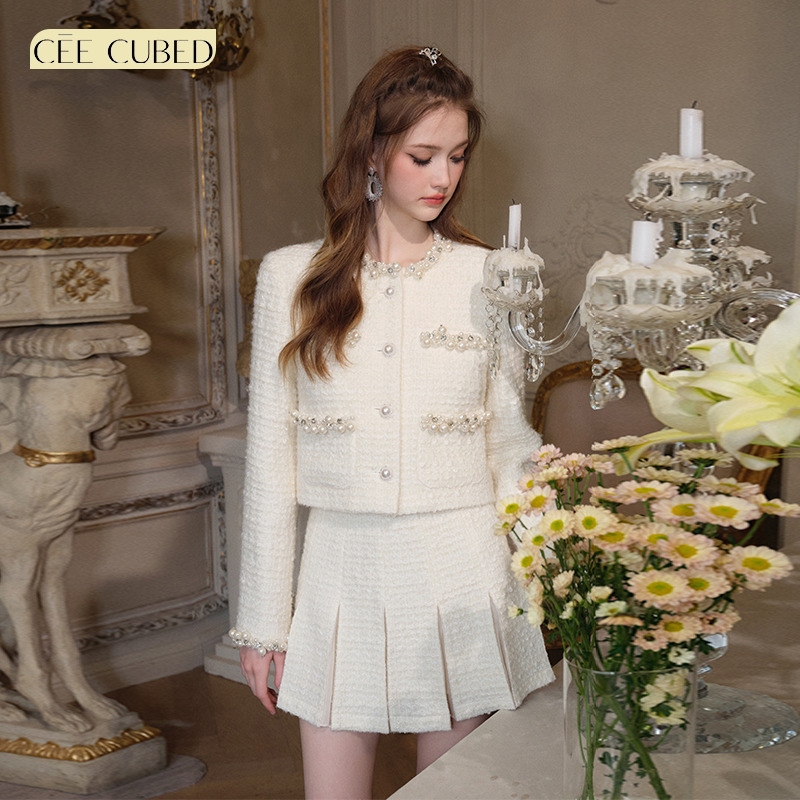 ELLIGIOI珍珠缝钻羊毛短外套半裙