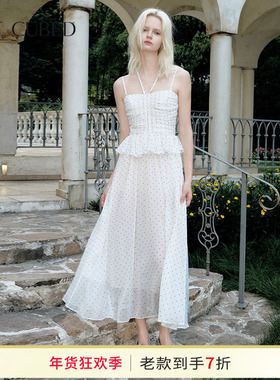 ELLIGIOI波点印花抽褶度假风沙滩吊带连衣裙长裙女2025夏季新款