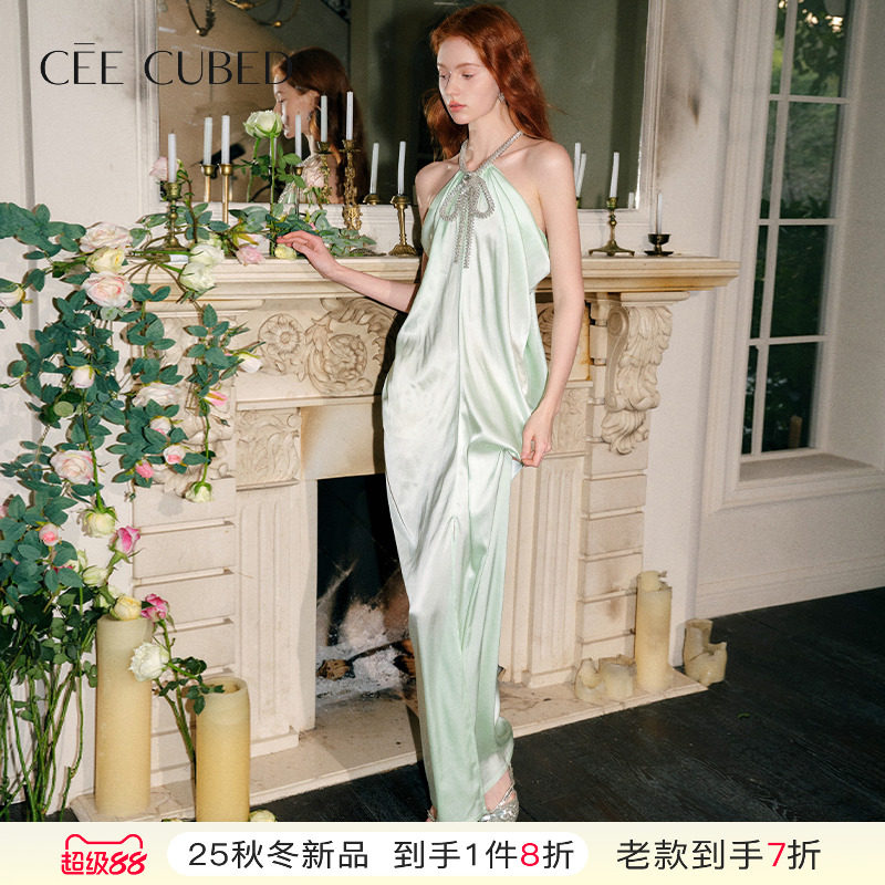 CEE CUBED法式轻奢薄荷绿重工挂脖礼服水钻蝴蝶结连衣裙2025长裙