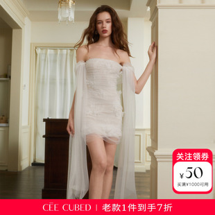 孙涵清同款CEE CUBED白色修身蕾丝立体花朵飘纱抹胸连衣裙女新款