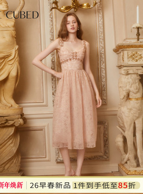 CEE CUBED蜜桃粉花朵钻饰吊带蓬蓬裙礼服收腰连衣裙女26早春新款
