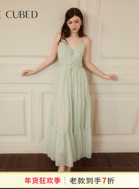 CEE CUBED薄荷曼波雪纺抽褶系带钻饰V领吊带连衣裙2025春夏新款