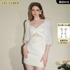 CEE CUBED白色蕾丝粗花呢泡泡袖连衣裙高级感羊毛短裙女秋新