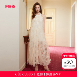 孙涵清宋昕冉同款CEE CUBED立体花朵蕾丝网纱无袖露背挂脖连衣裙