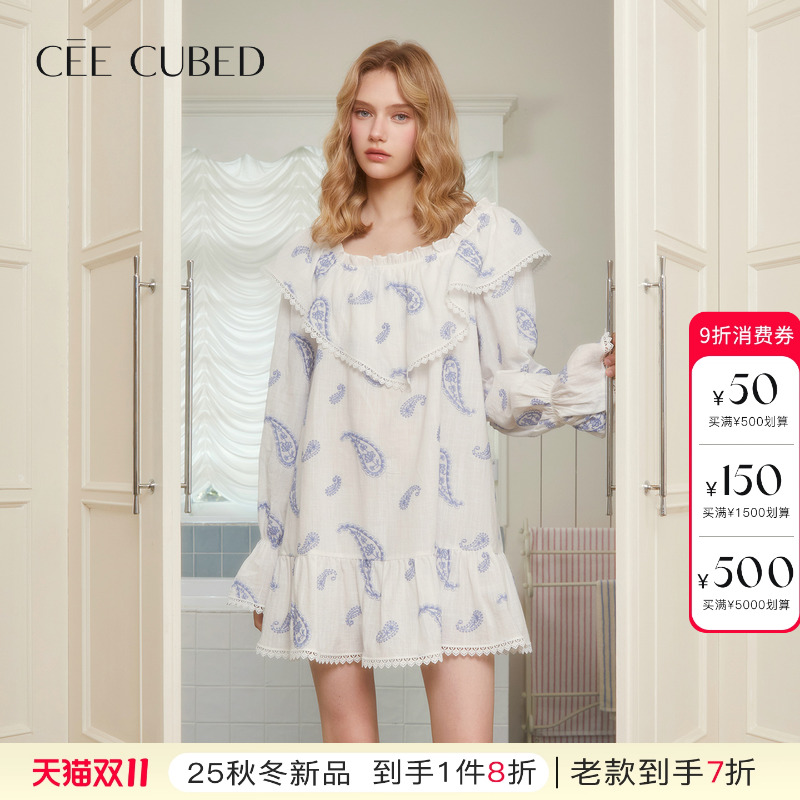 ELLIGIOI白蓝刺绣佩斯利花纹蕾丝边娃娃裙女2025秋季新款
