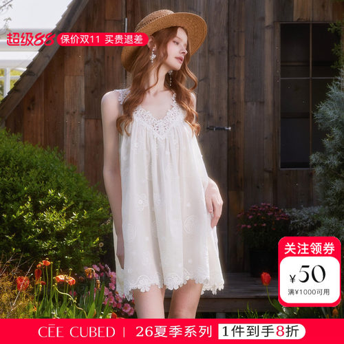 ELLIGIOI米白色绣花V领花边刺绣娃娃短裙A版连衣裙女2026夏季新款