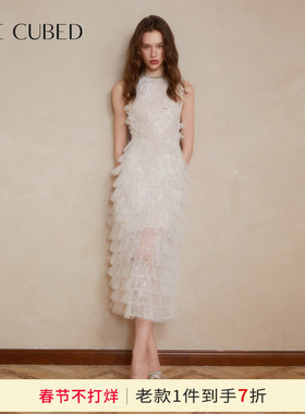 吴佳怡同款CEE CUBED白色蕾丝立体花朵珍珠钻饰无袖蛋糕裙连衣裙