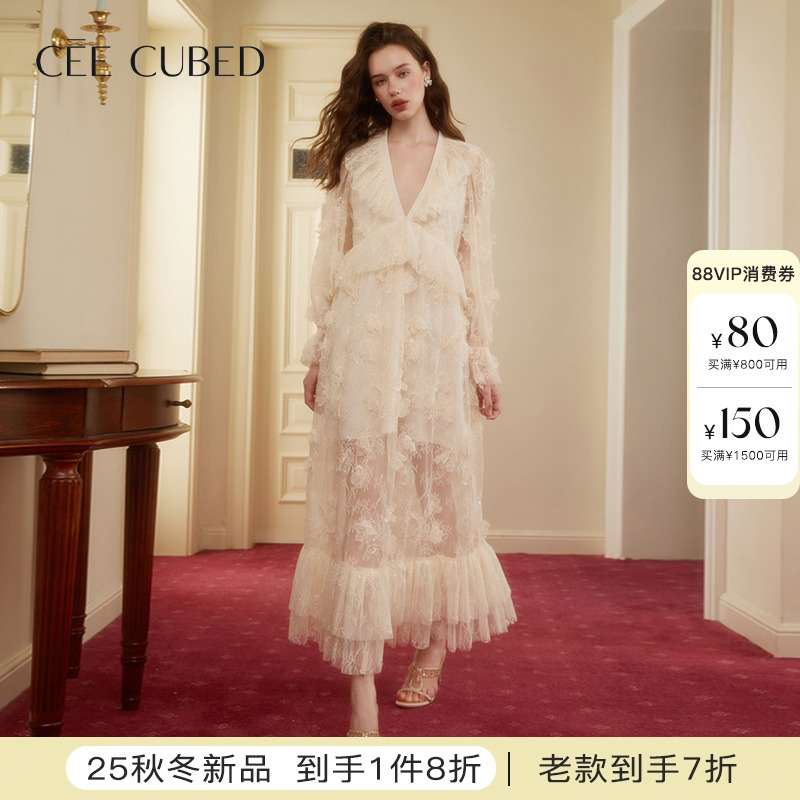 CEECUBED泡泡袖大V领长袖连衣裙
