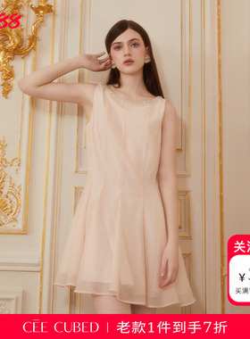 CEE CUBED橘粉水晶钻饰无袖连衣裙收腰A版气质甜美礼服裙女新款