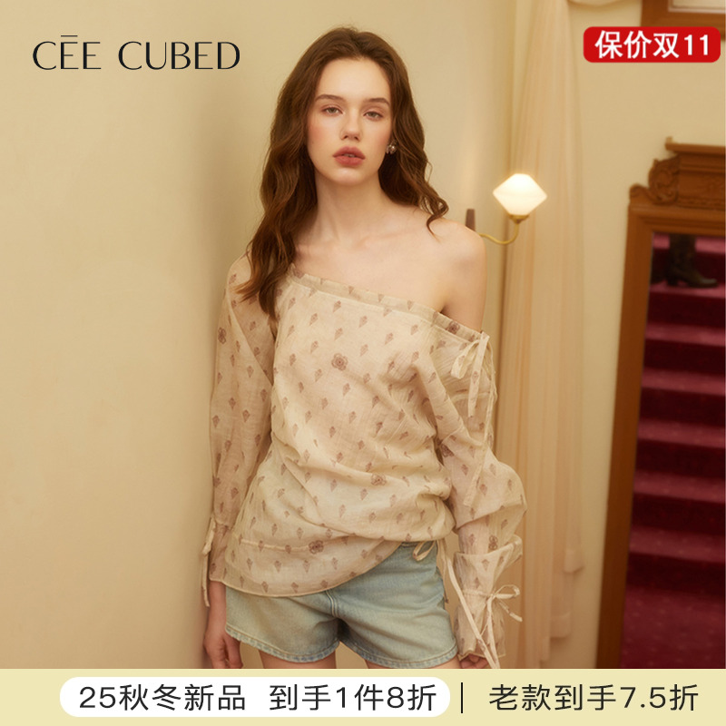 CEECUBED泡泡袖斜肩抽绳衬衫