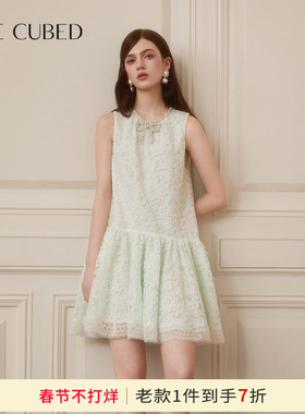 CEE CUBED浪漫盘绣蕾丝蝴蝶结钻饰薄荷绿蓬蓬连衣裙2025春夏新款