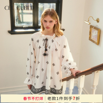 ELLIGIOI黑白刺绣流苏抽绳长袖娃娃裙女2025秋季新款