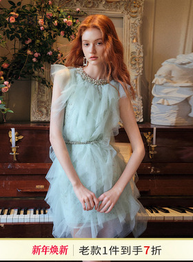 CEE CUBED薄荷绿重工轻纱小礼服千层荷叶边无袖连衣裙