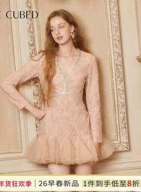 CEE CUBED蜜桃粉钻链装饰网纱拼接蓬蓬裙礼服连衣裙女26早春新款