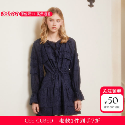 ELLIGIOI藏蓝镂空蕾丝抽褶花边连衣裙女2026新款