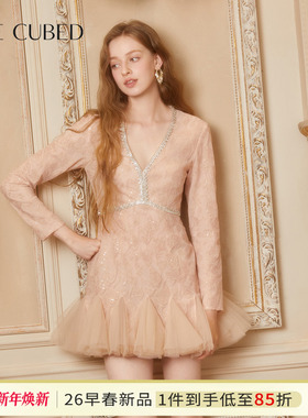 CEE CUBED蜜桃粉钻链装饰网纱拼接蓬蓬裙礼服连衣裙女26早春新款