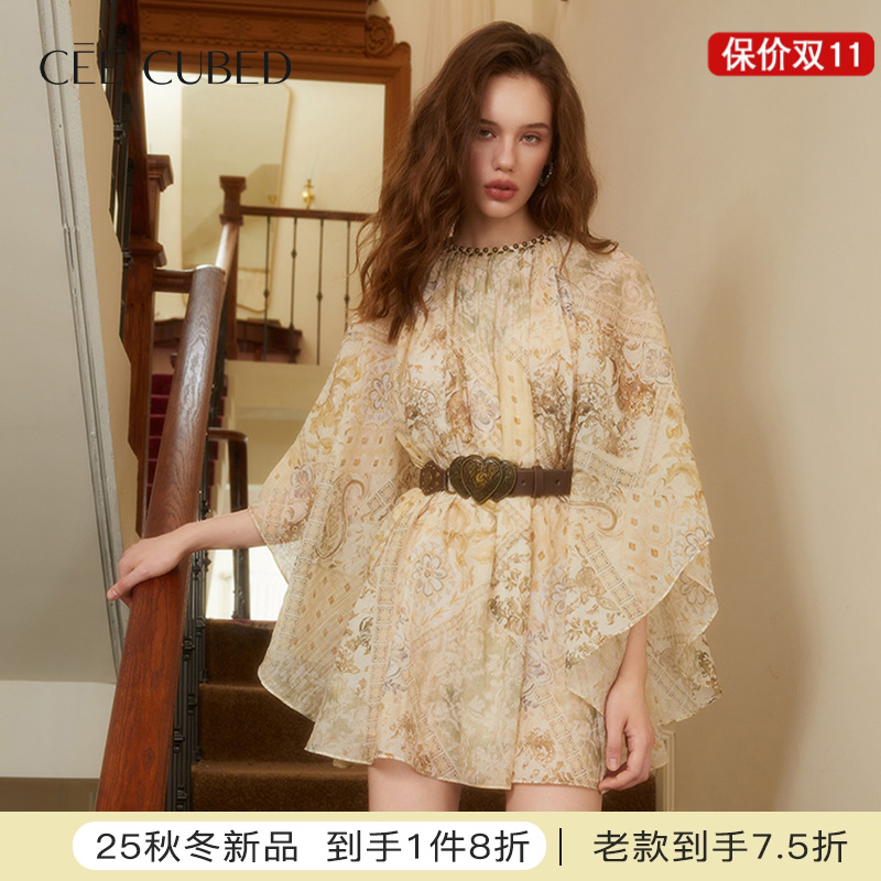 CEECUBED古典印花蝙蝠袖蓬蓬裙