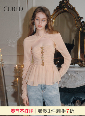 CEE CUBED绉纱雪纺花朵钻饰压褶荷叶边设计感上衣2025年春季新款