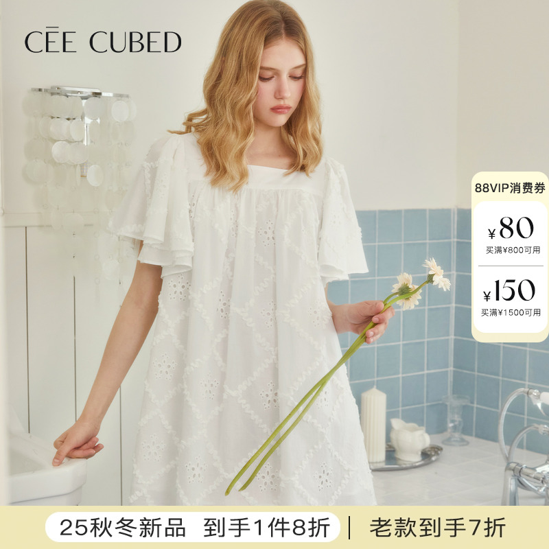 ELLIGIOI白色菱形格刺绣镂空花朵连衣裙女2025秋季新款