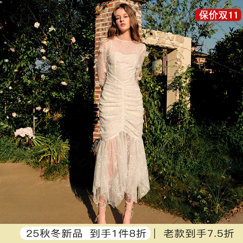 CEECUBED钉珠蕾丝修身连衣裙