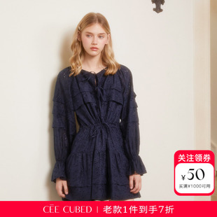 ELLIGIOI藏蓝镂空蕾丝抽褶花边连衣裙女2026新款