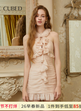 CEE CUBED浅粉色抽褶花边无袖连衣裙收腰千金感小礼裙女26春新款