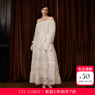 孙乐言同款CEE CUBED玫瑰镂空刺绣一字肩长袖收腰蓬蓬礼服连衣裙